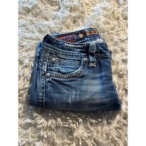 Rock Revival Bootcut Jeans Medium Wash Fleur De Lis Flap Pocket Distressed Denim